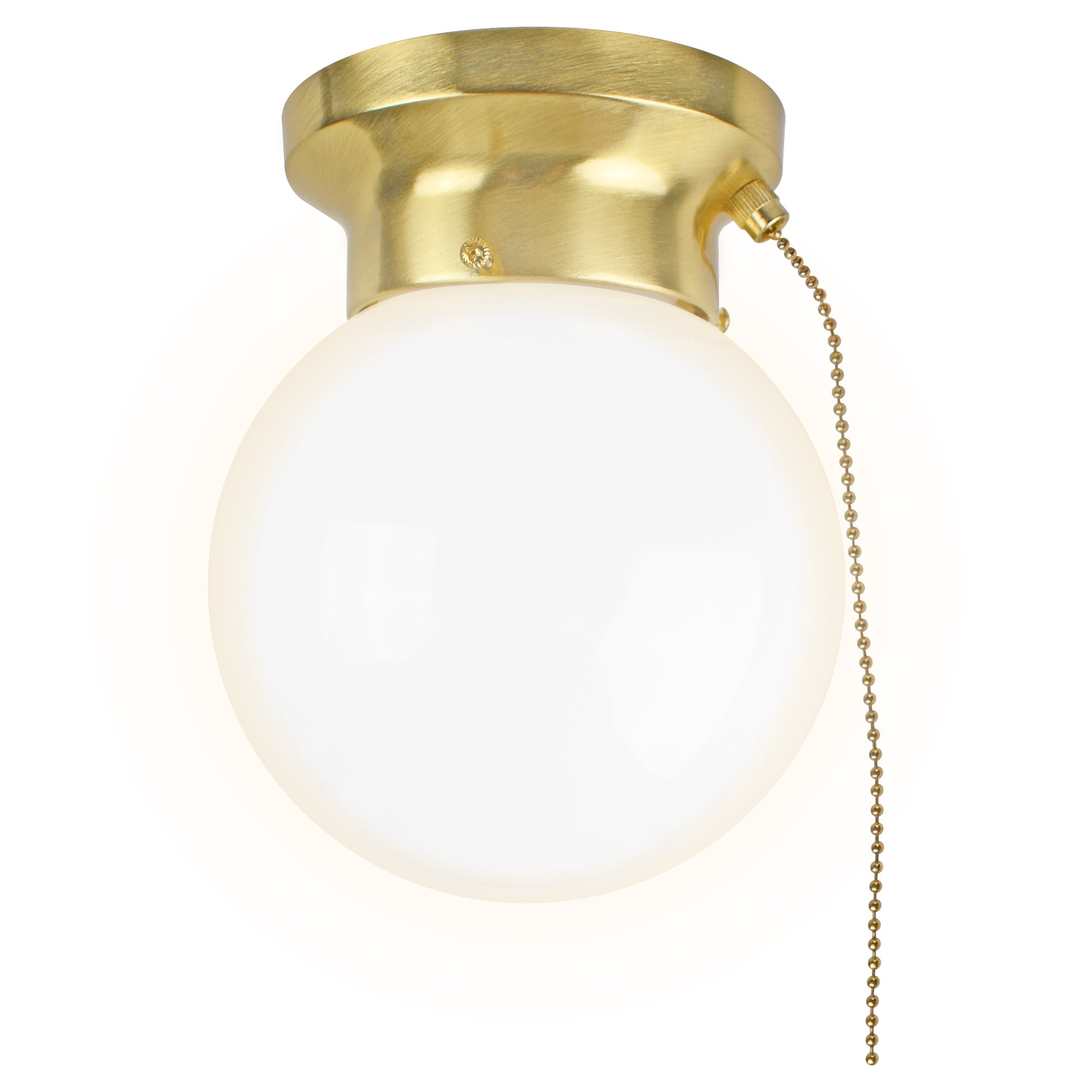 led glass flush mount light with pull chain on white background