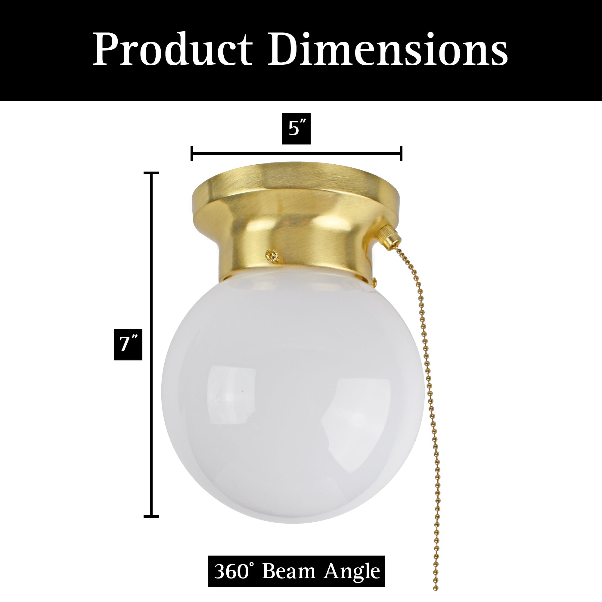 dimensions of led glass flush mount light with pull chain on white background