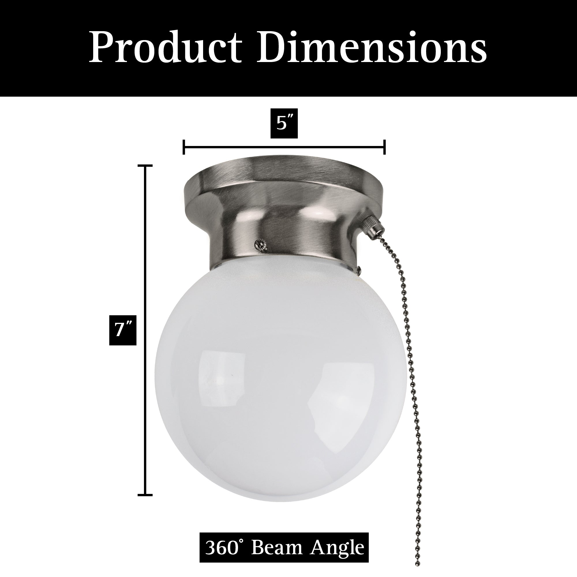 dimensions of led glass flush mount light with pull chain on white background