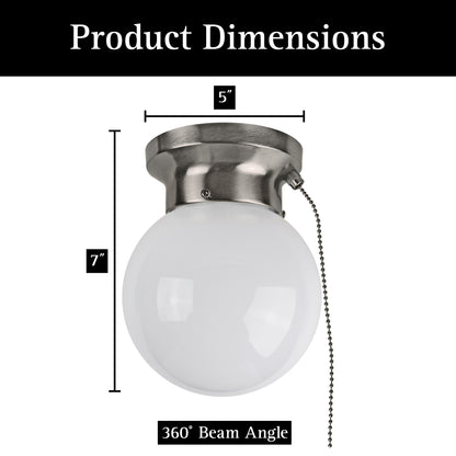 dimensions of led glass flush mount light with pull chain on white background