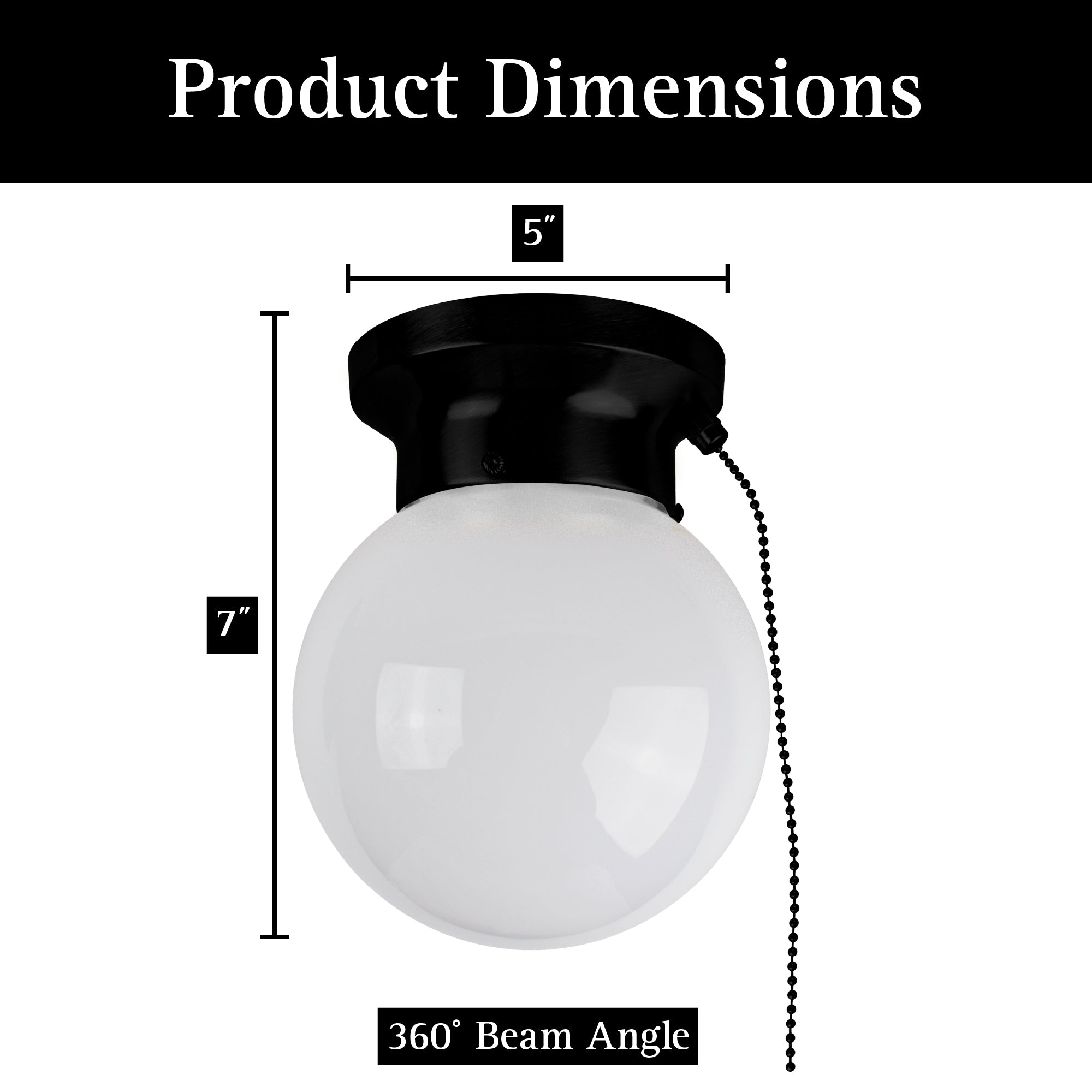 dimensions of led glass flush mount light with pull chain on white background