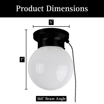 dimensions of led glass flush mount light with pull chain on white background
