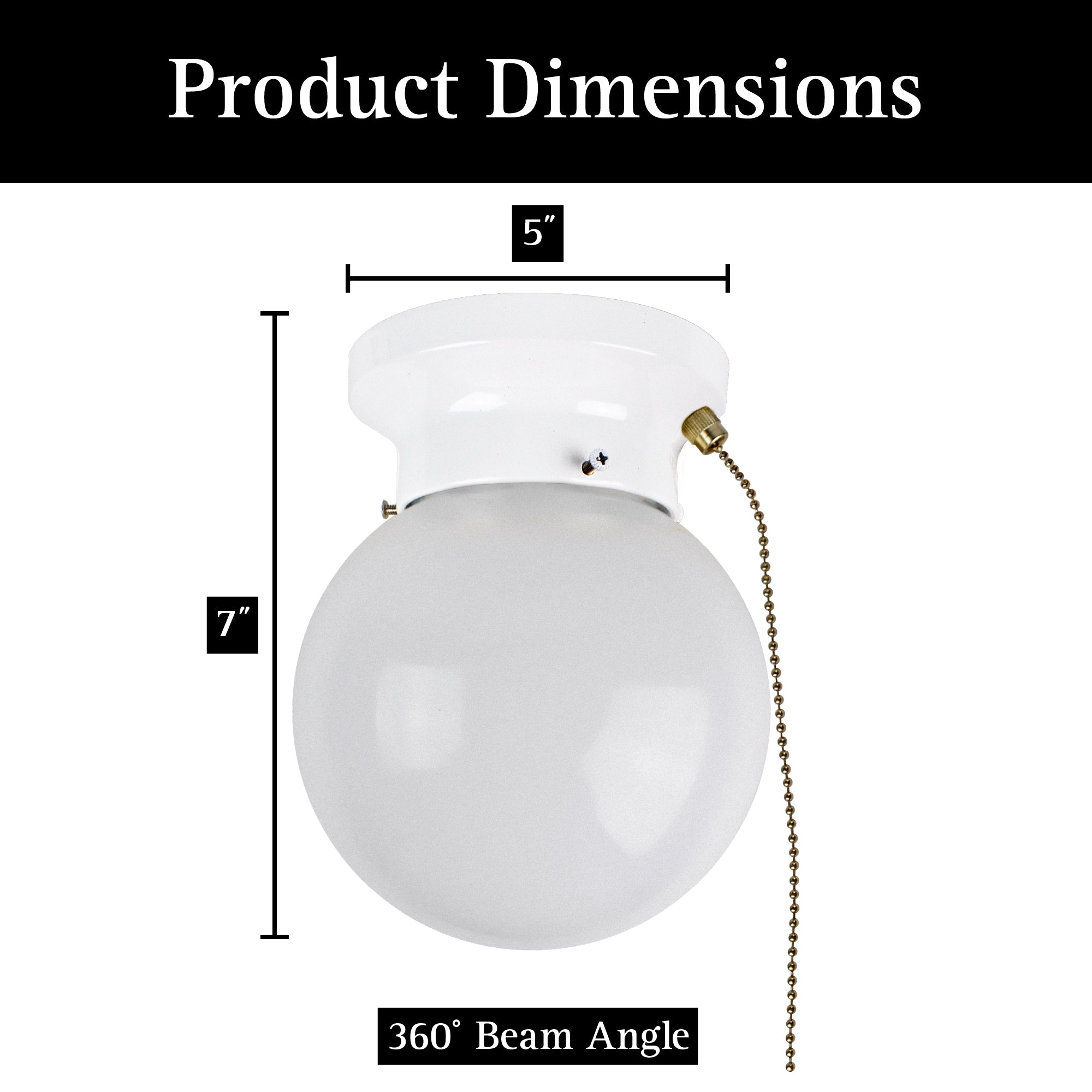 dimensions of led glass flush mount light with pull chain on white background